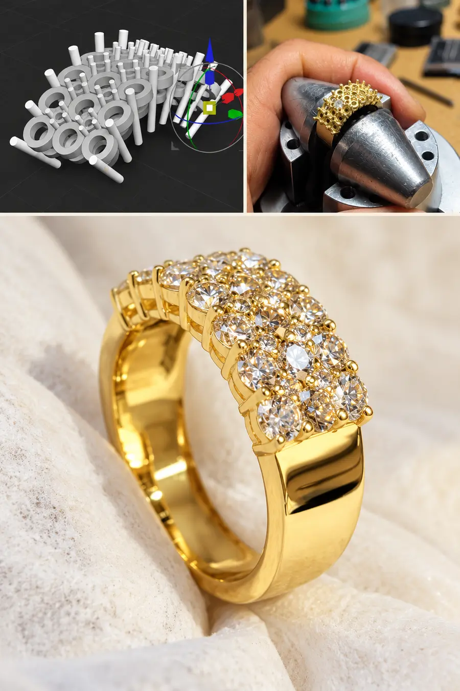 Custom diamond ring shown through CAD design, bench setting, and the finished ring in yellow gold