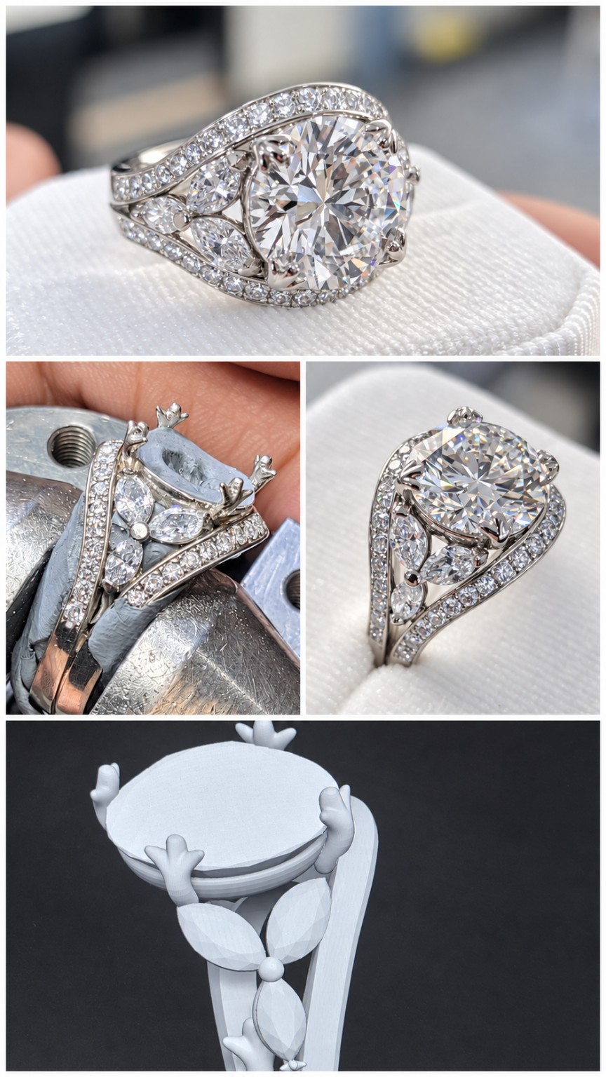 Custom diamond ring by Brahim's Jewelry in Burlington, MA, showing the finished floral setting, bench work, and CAD model