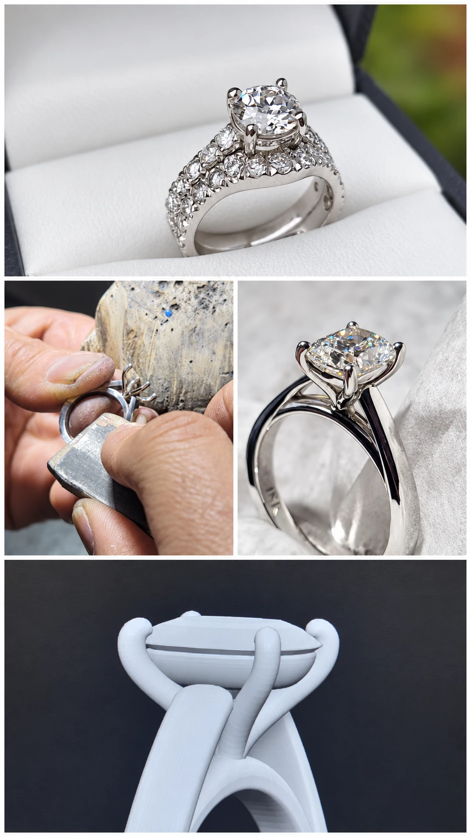 Diamond ring craftsmanship at Brahim's Jewelry in Burlington, MA: finished rings, hand finishing at the bench, and a CAD setting model