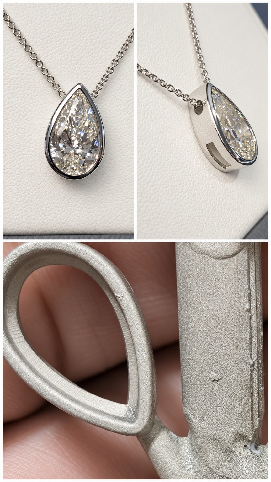 Custom pear-shaped diamond pendant at Brahim's Jewelry Burlington MA — unfinished casting and finished bezel-set necklace showing custom jewelry craftsmanship from workshop to final piece