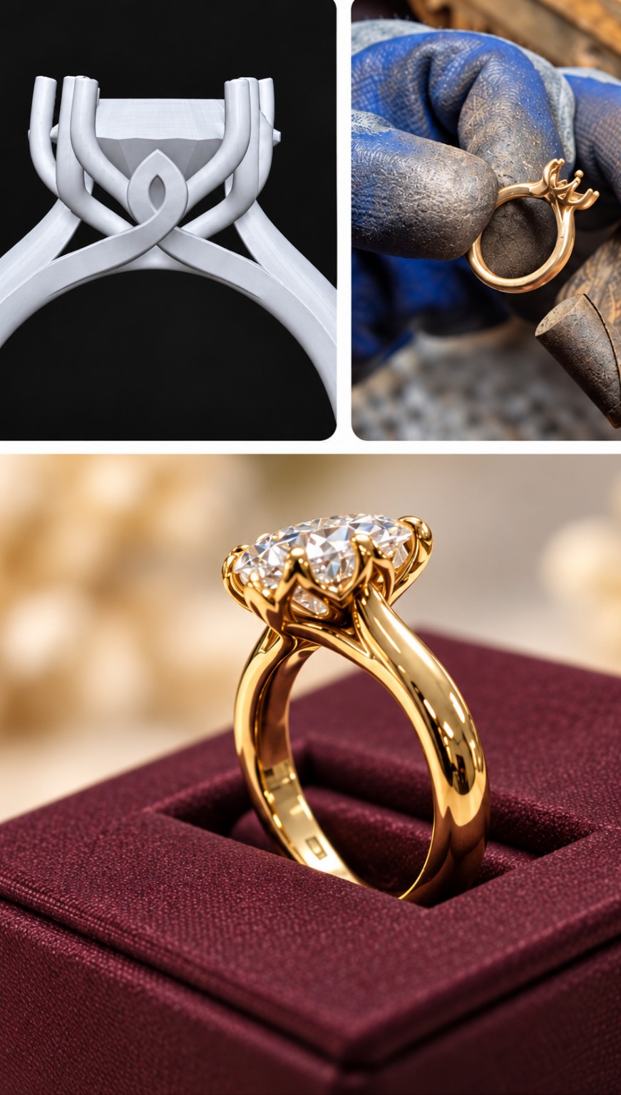 In-house process from CAD design through bench work to a finished 3-carat lab-grown oval diamond ring in 18k yellow gold with a tulip basket head